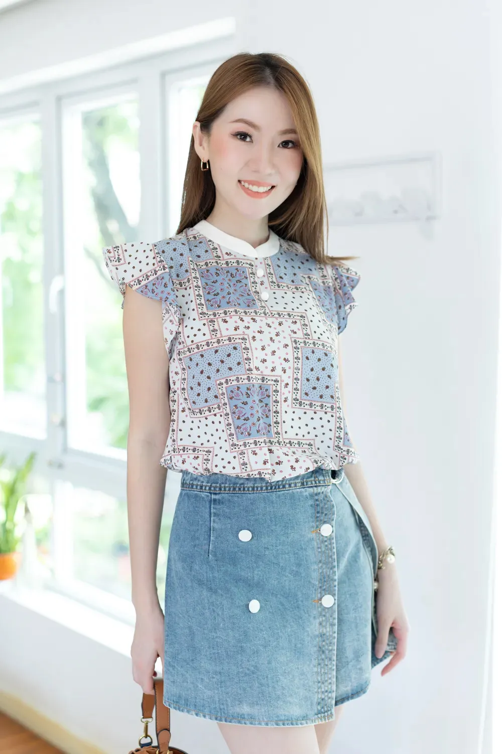 MT3911 Overlap Collar Frill Sleeve Blouse – Blue - Image 7