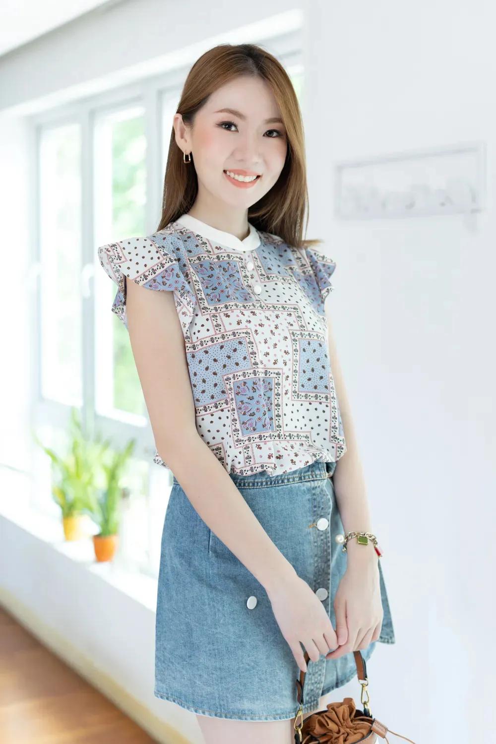MT3911 Overlap Collar Frill Sleeve Blouse – Blue - Image 8