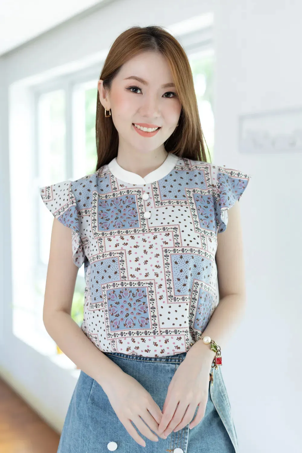 MT3911 Overlap Collar Frill Sleeve Blouse – Blue - Image 9