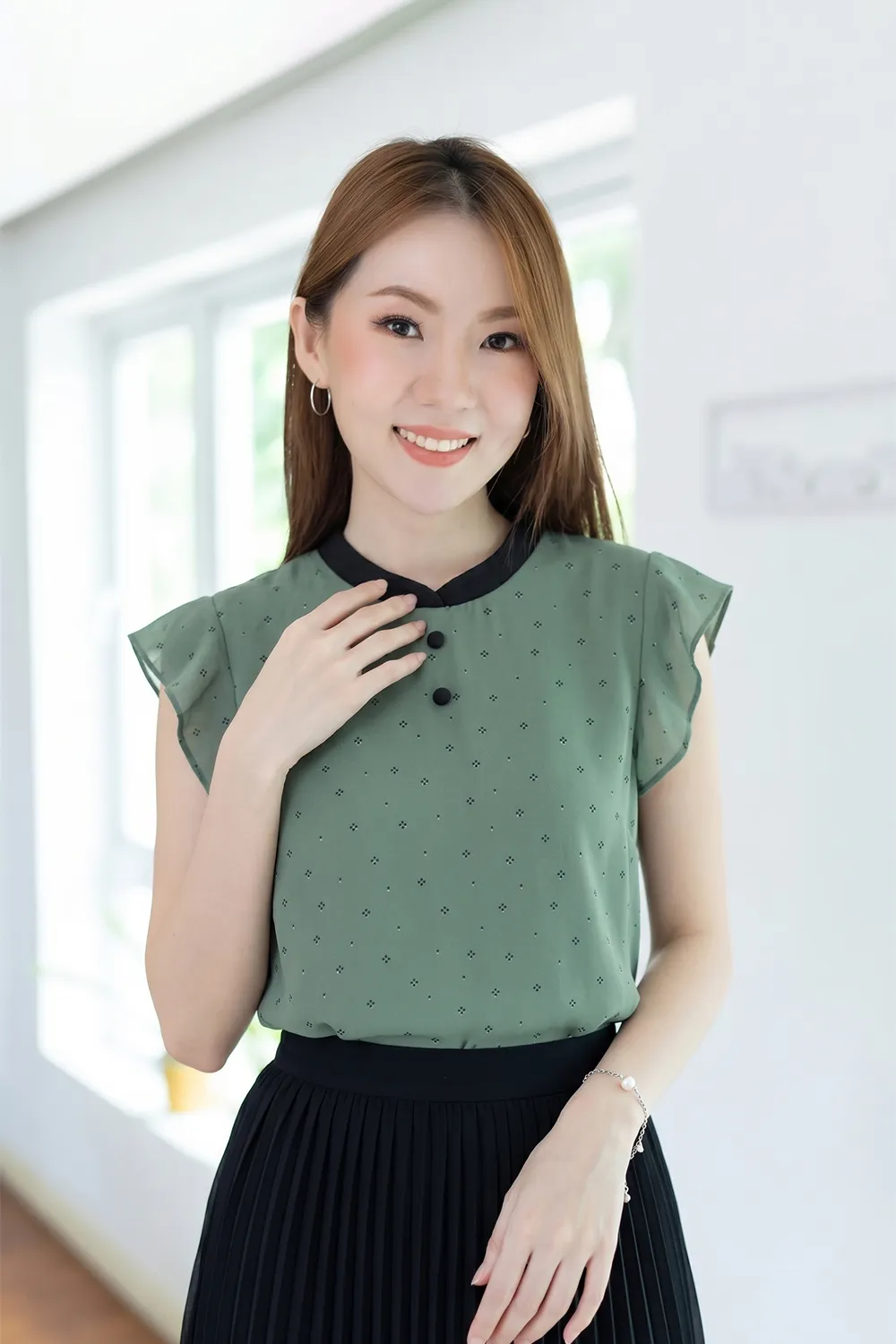 MT3911 Overlap Collar Frill Sleeve Blouse – Forest Green