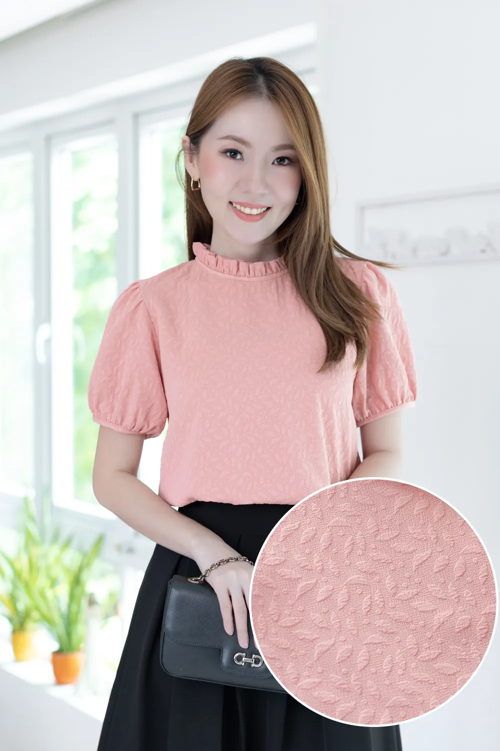 MT2710 Ruff Collar Jacquard Blouse – Peach Pink