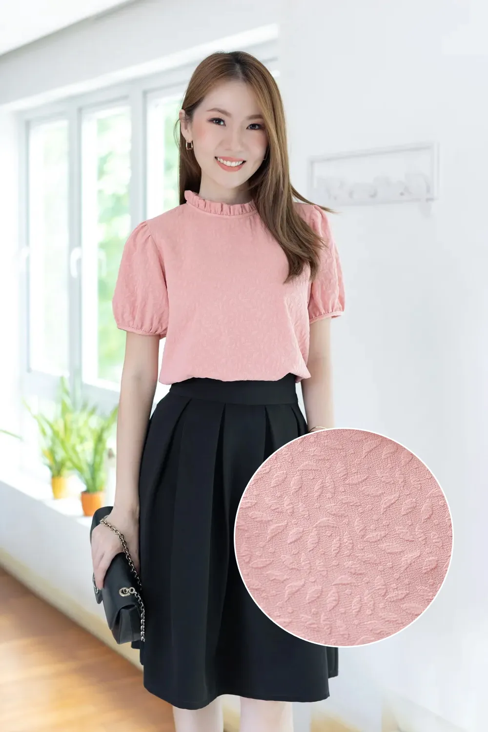 MT2710 Ruff Collar Jacquard Blouse – Peach Pink