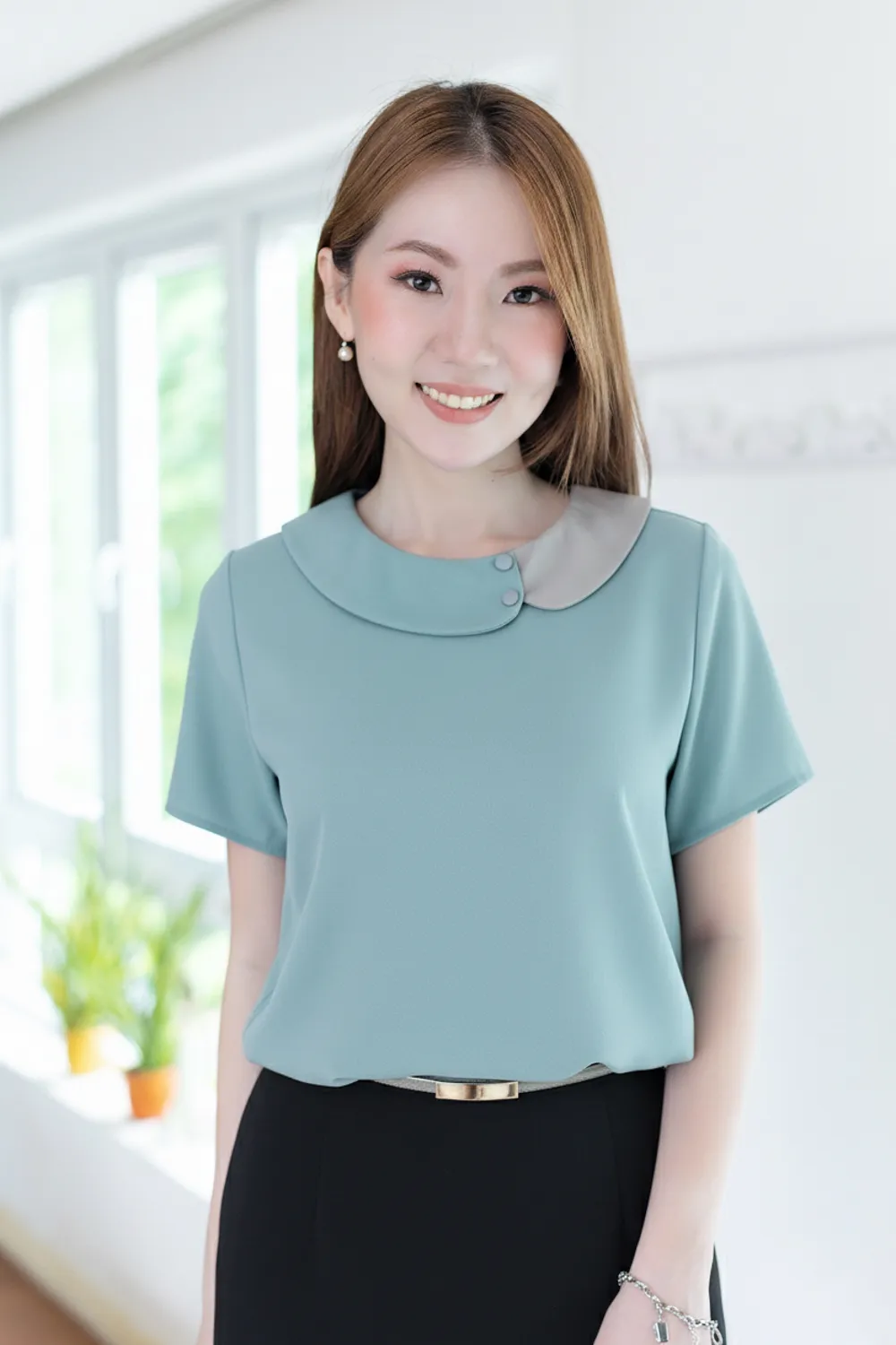 MT6401 Contrast Collar Buttoned Blouse – Teal