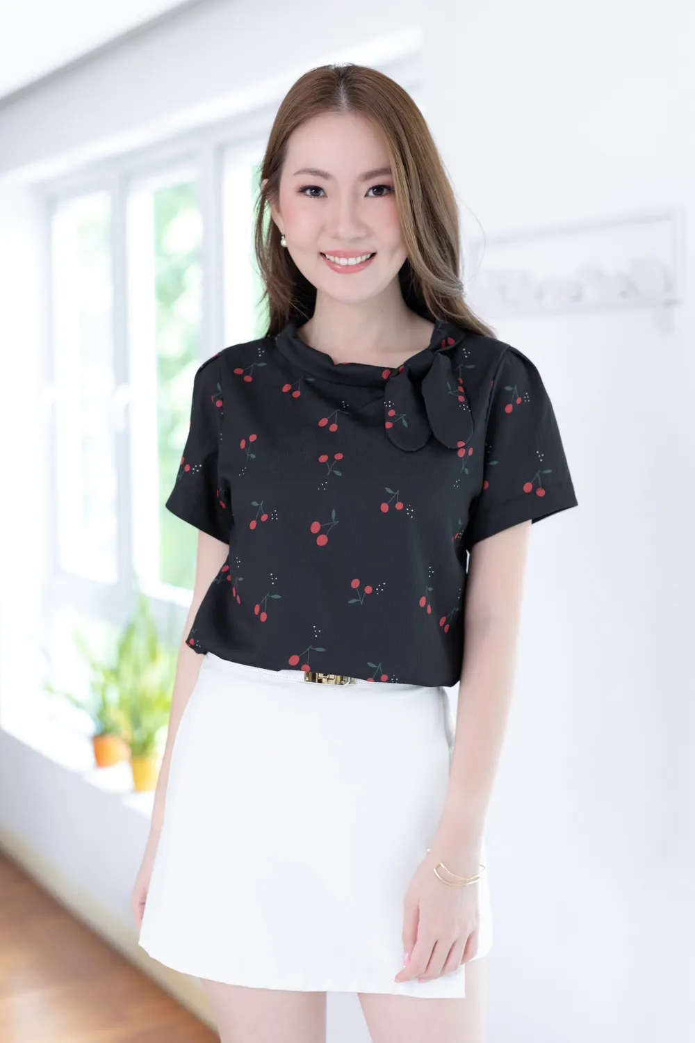 MT5139 Cherry Side Bow Crinkled Blouse – Black - Image 5