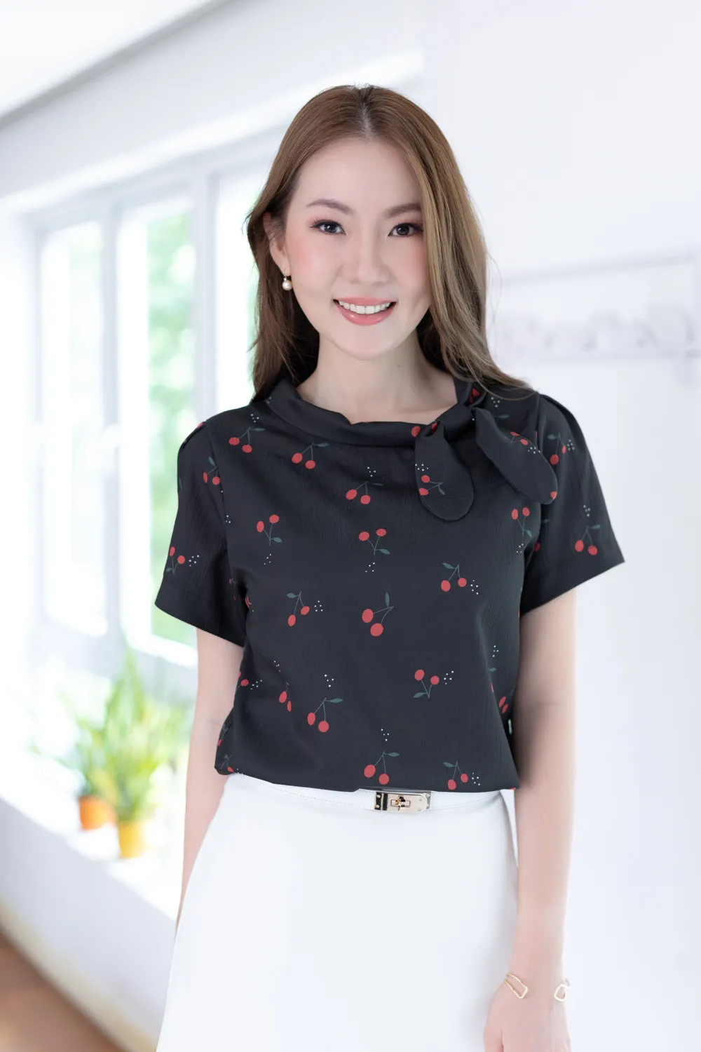 MT5139 Cherry Side Bow Crinkled Blouse – Black - Image 6