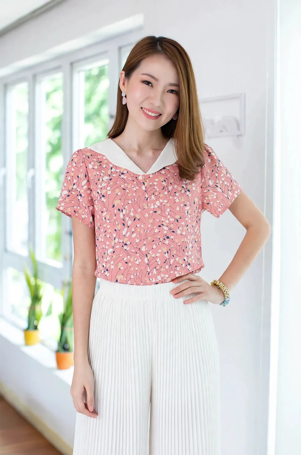 NT1708 Scallop Collar Flower Blouse – Pink-White