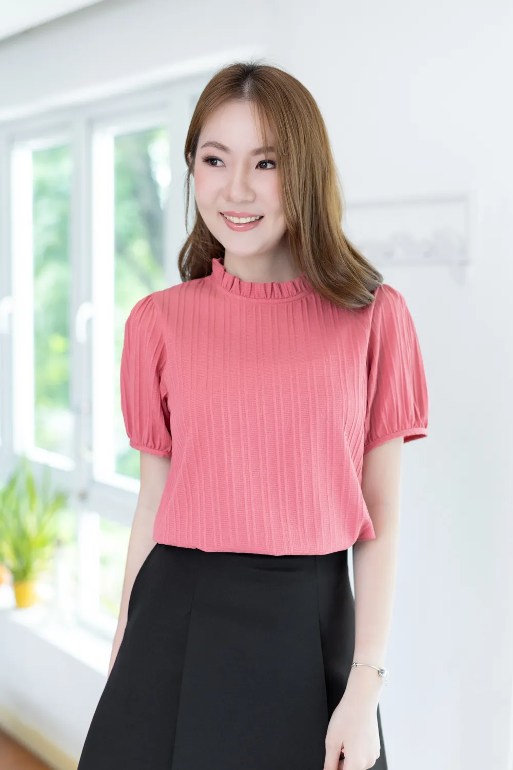 MT2710 Ruff Collar Textured Blouse – Bubblegum Pink