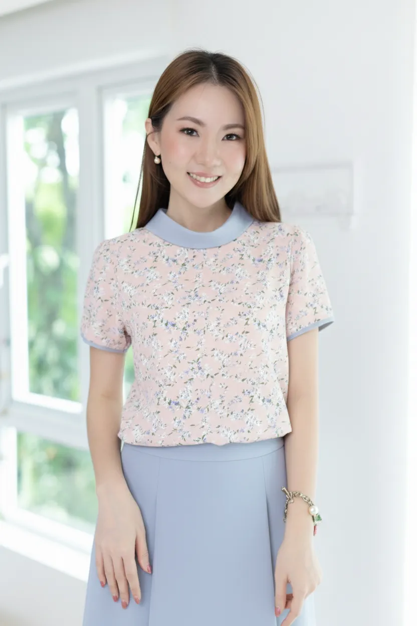 NT2488 Folded Collar Floral Blouse – Pink