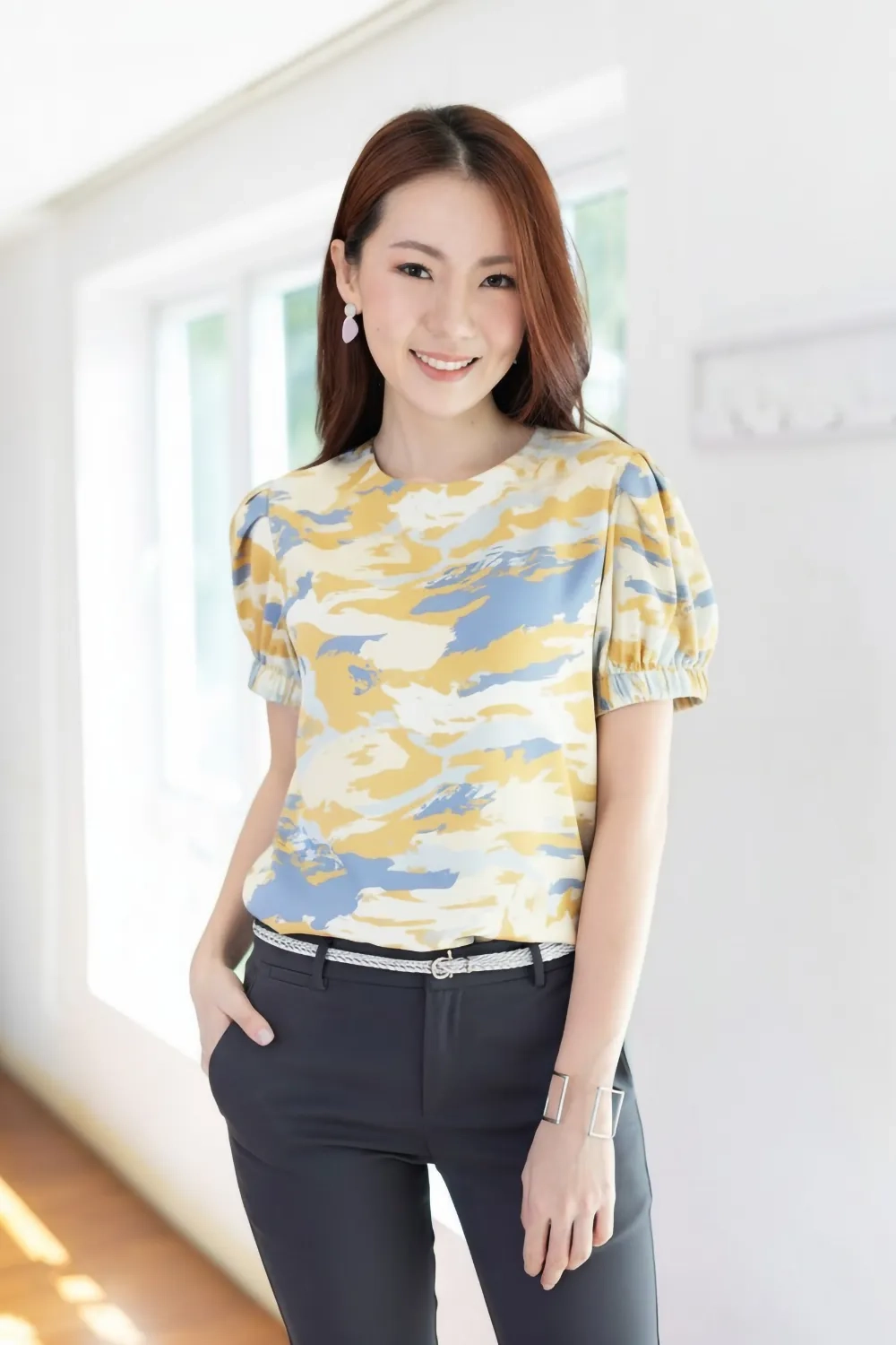 MT3016 Puff Sleeve Graphic Blouse – Sunrise Blue