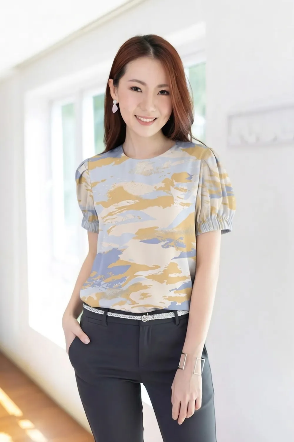 MT3016 Puff Sleeve Graphic Blouse – Sunrise Blue - Image 5