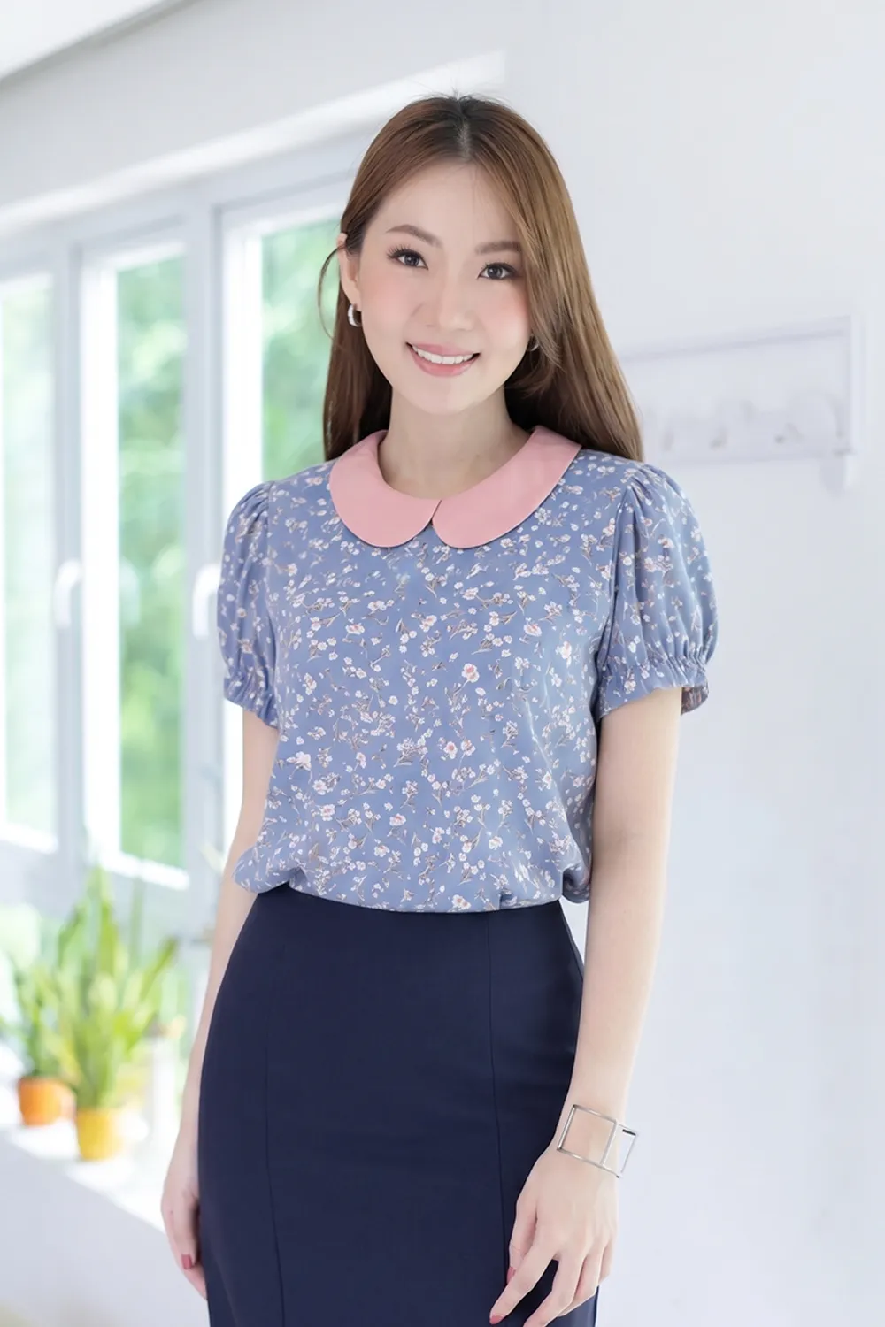 MT5040 Overlap Collar Floral Blouse – Blue-Faded Pink