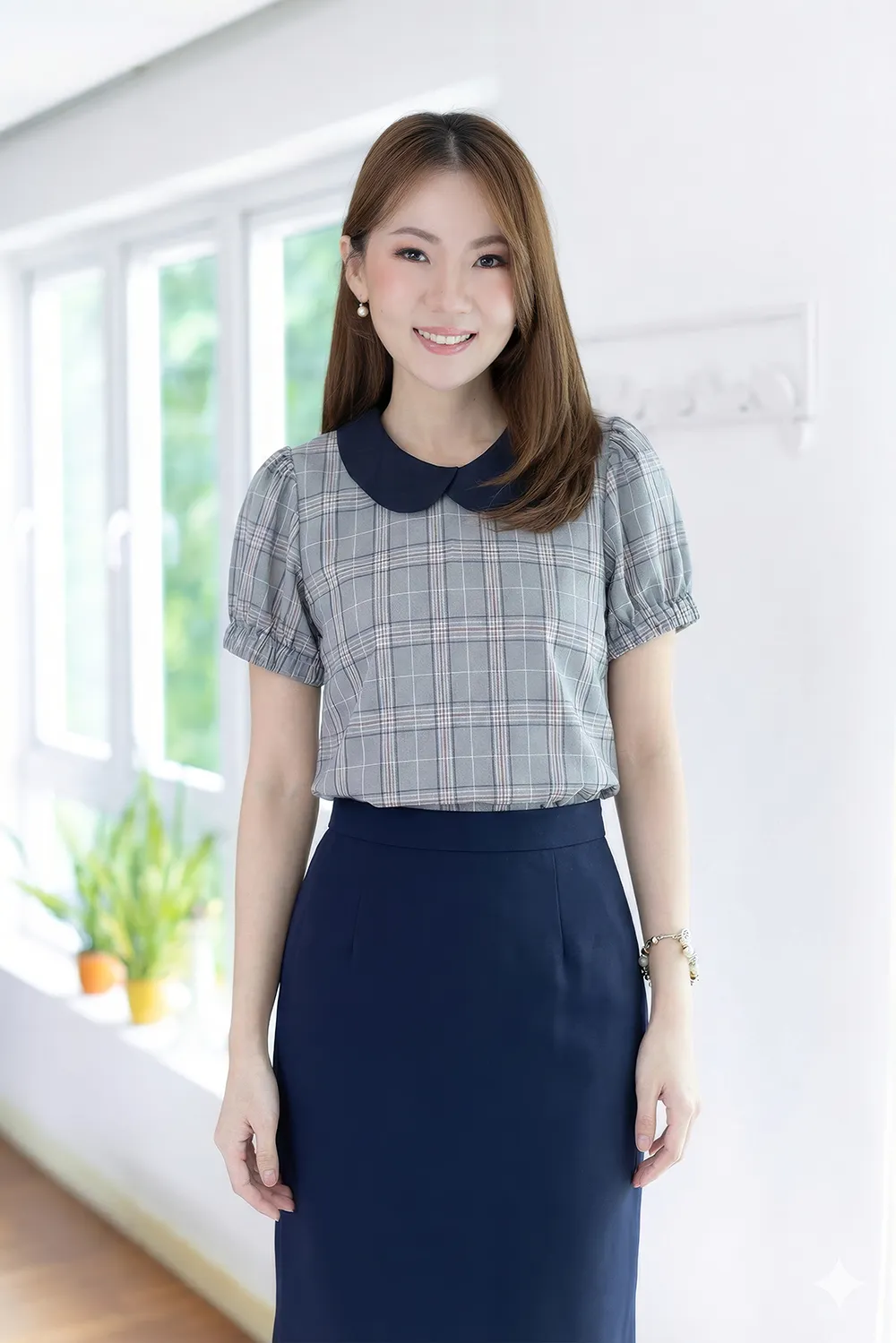 MT5040 Overlap Collar Tartan Blouse – Slate Blue - Image 8