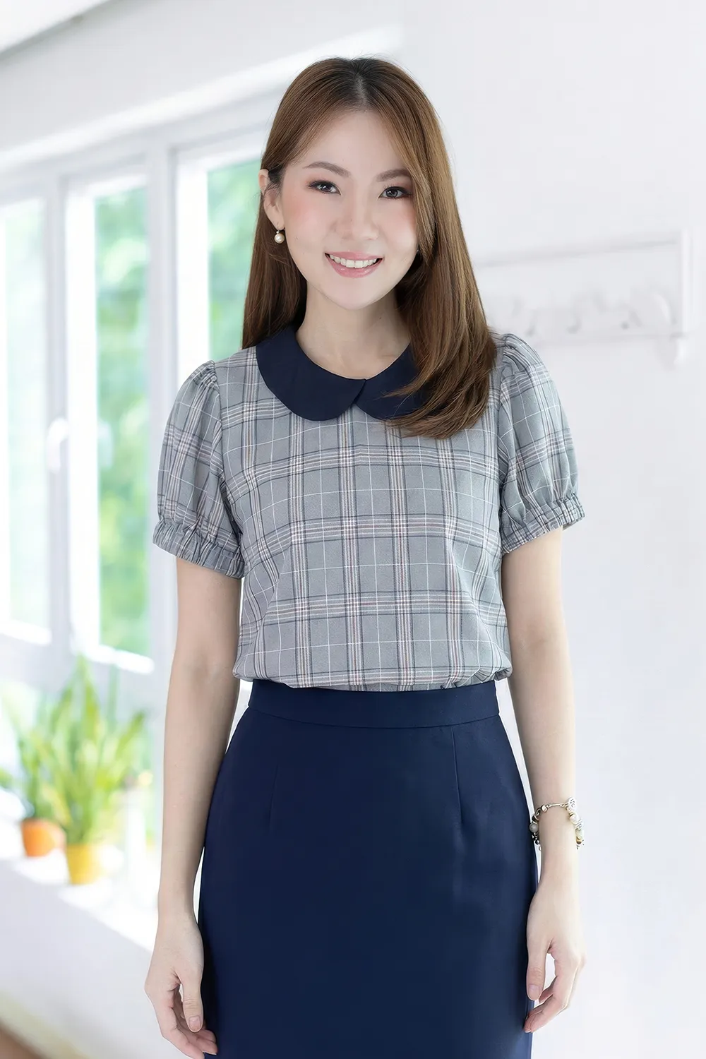 MT5040 Overlap Collar Tartan Blouse – Slate Blue