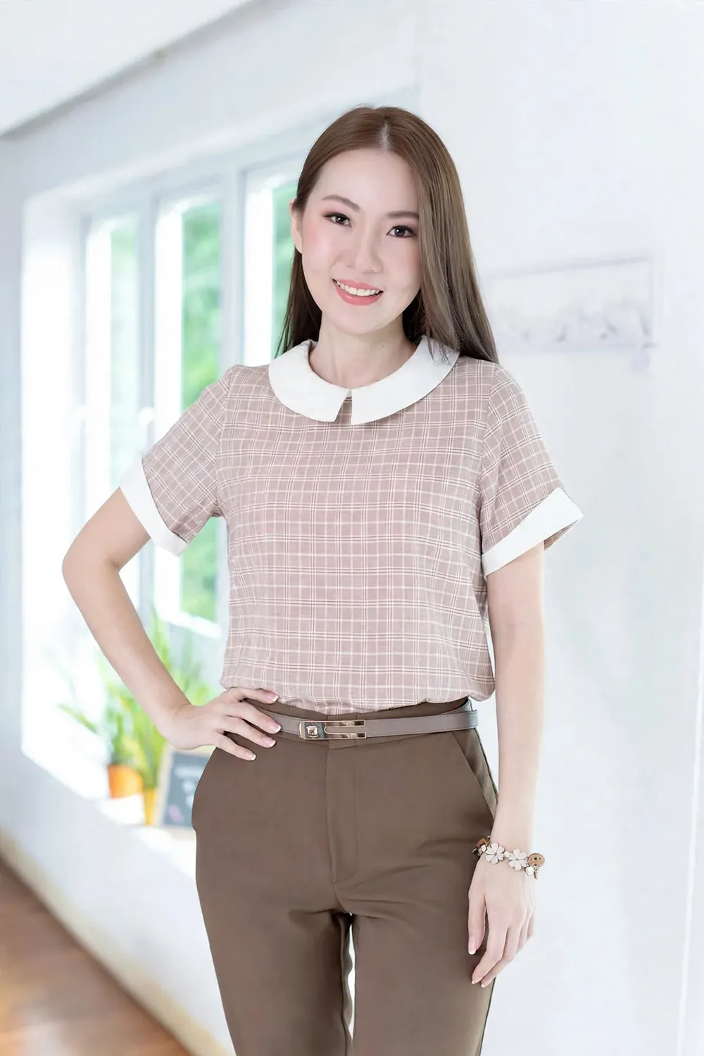 MT6823 Notch Sleeve Plaid Blouse – Brown