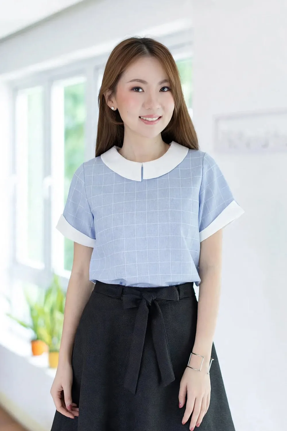 MT6823 Notch Sleeve Checkered Blouse – Light Blue