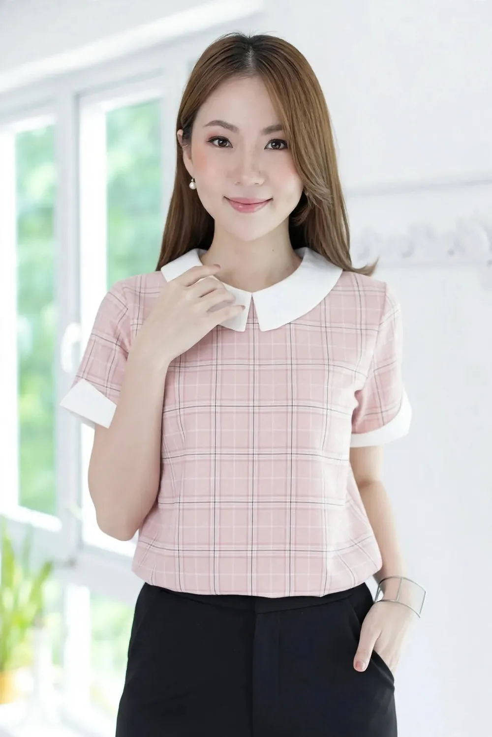 MT6823 Notch Sleeve Plaid Blouse – Pink