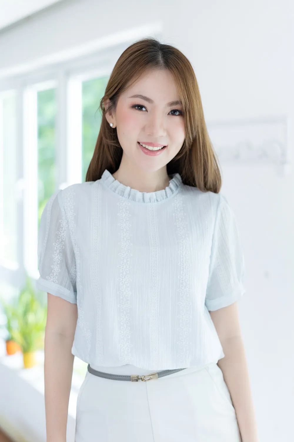 NT2516 Ruff Collar Gauzy Blouse – Light Blue