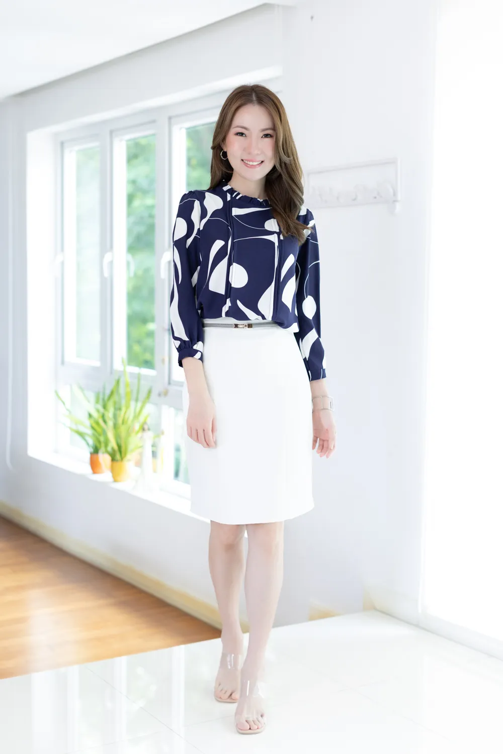 MT0431 Ruff Collar Pintuck Bow Blouse – Navy Blue - Image 3