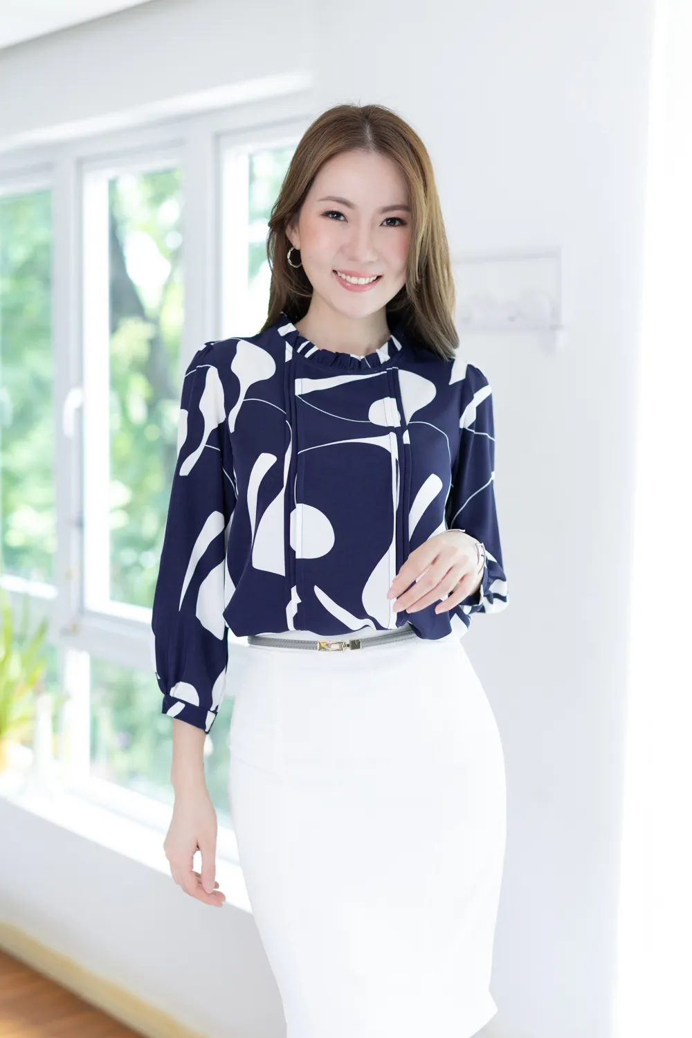 MT0431 Ruff Collar Pintuck Bow Blouse – Navy Blue - Image 5