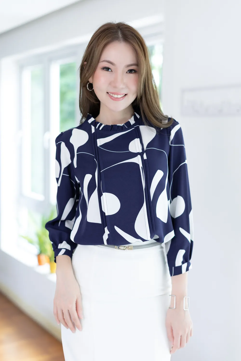 MT0431 Ruff Collar Pintuck Bow Blouse – Navy Blue - Image 6