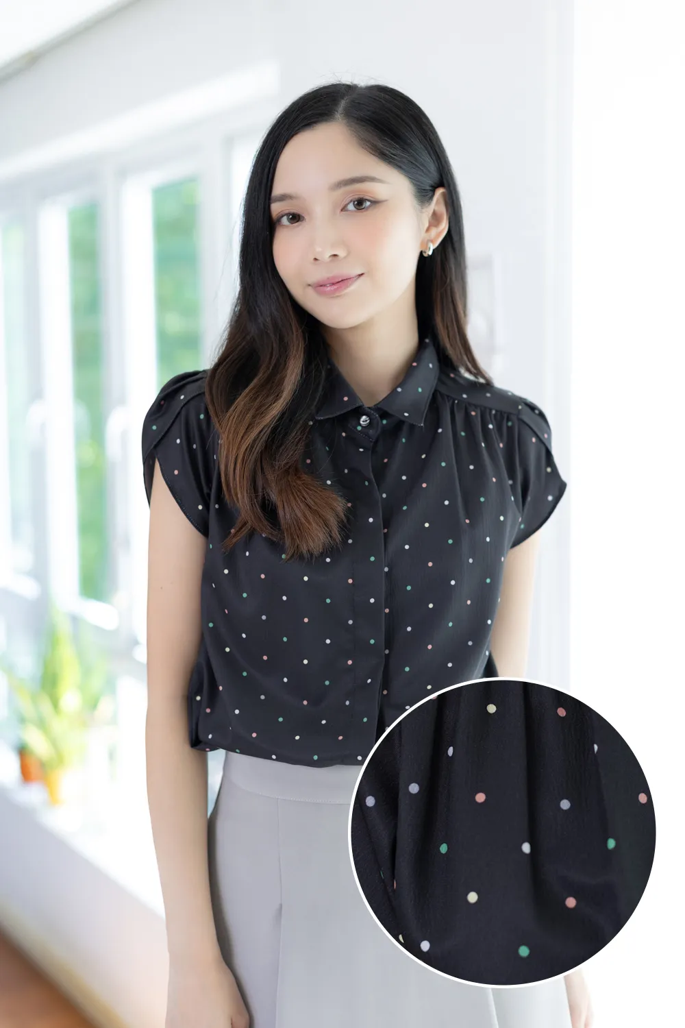 MN0222 Polka Dot Petal Sleeve Shirt – Black - Size 36