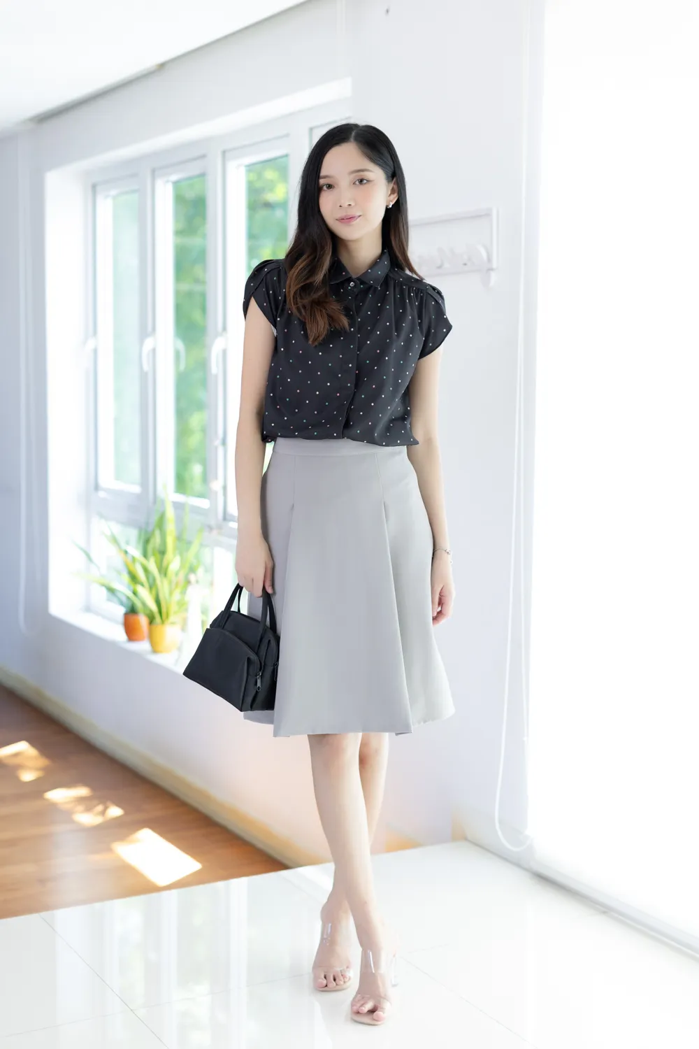 MN0222 Polka Dot Petal Sleeve Shirt – Black - Image 3