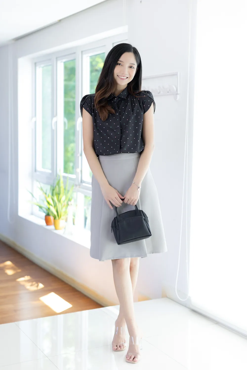 MN0222 Polka Dot Petal Sleeve Shirt – Black - Image 4
