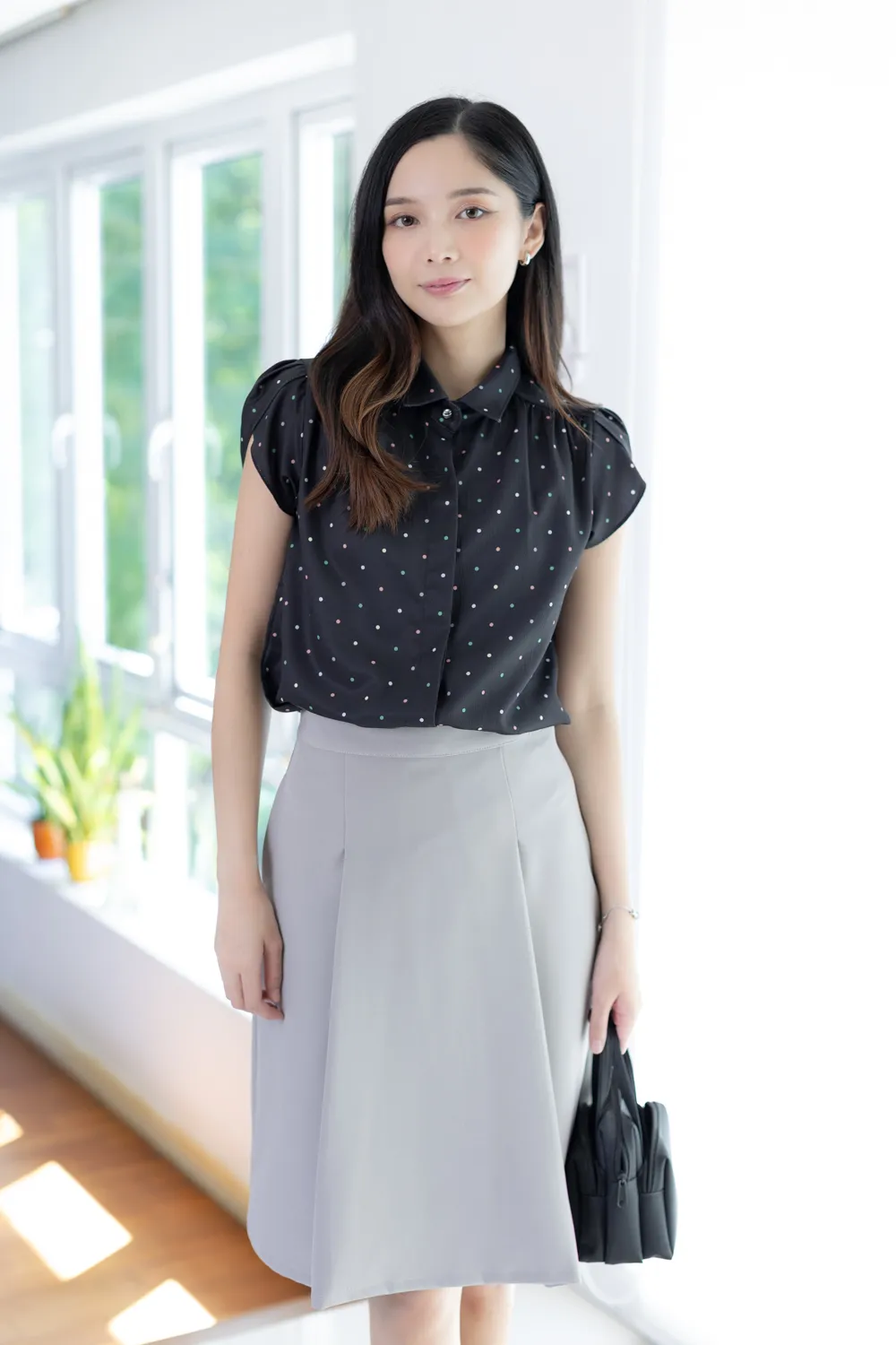 MN0222 Polka Dot Petal Sleeve Shirt – Black - Image 5