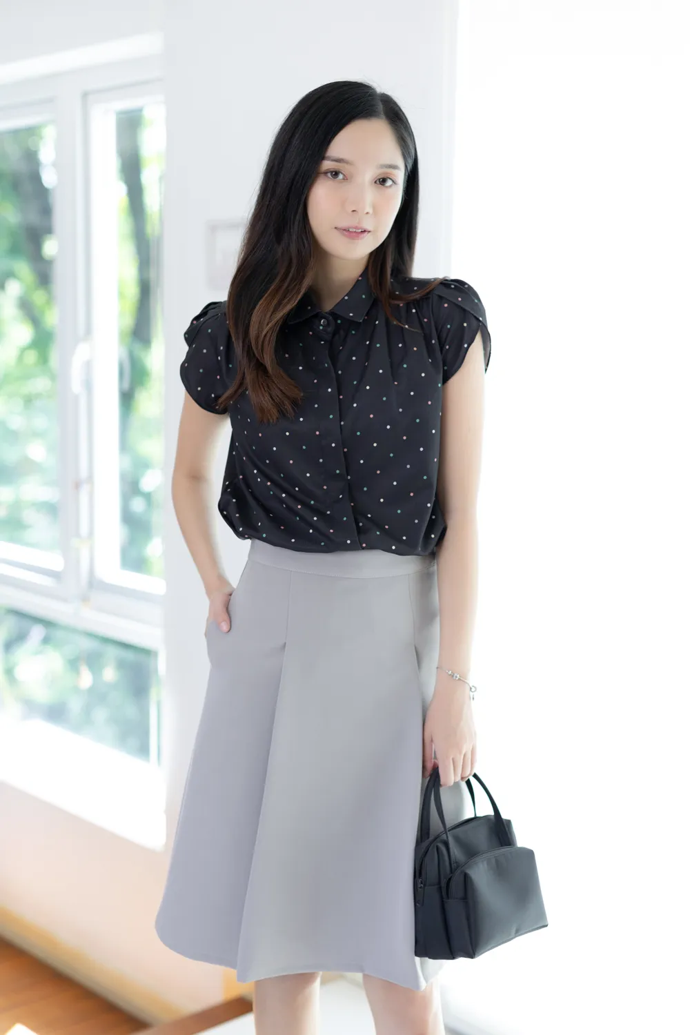 MN0222 Polka Dot Petal Sleeve Shirt – Black - Image 6