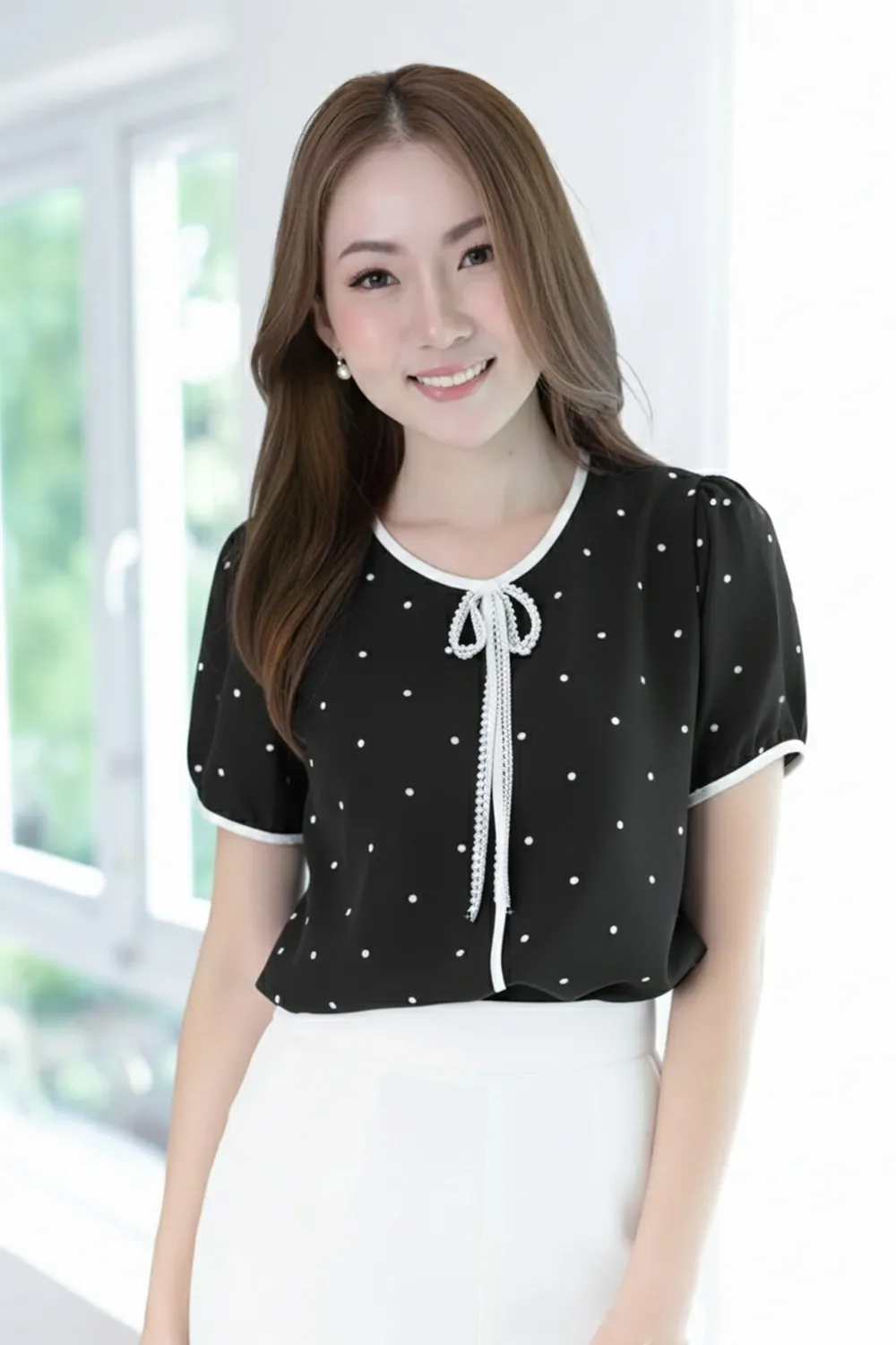 MT1556 Polka Dot Bow Blouse – Black