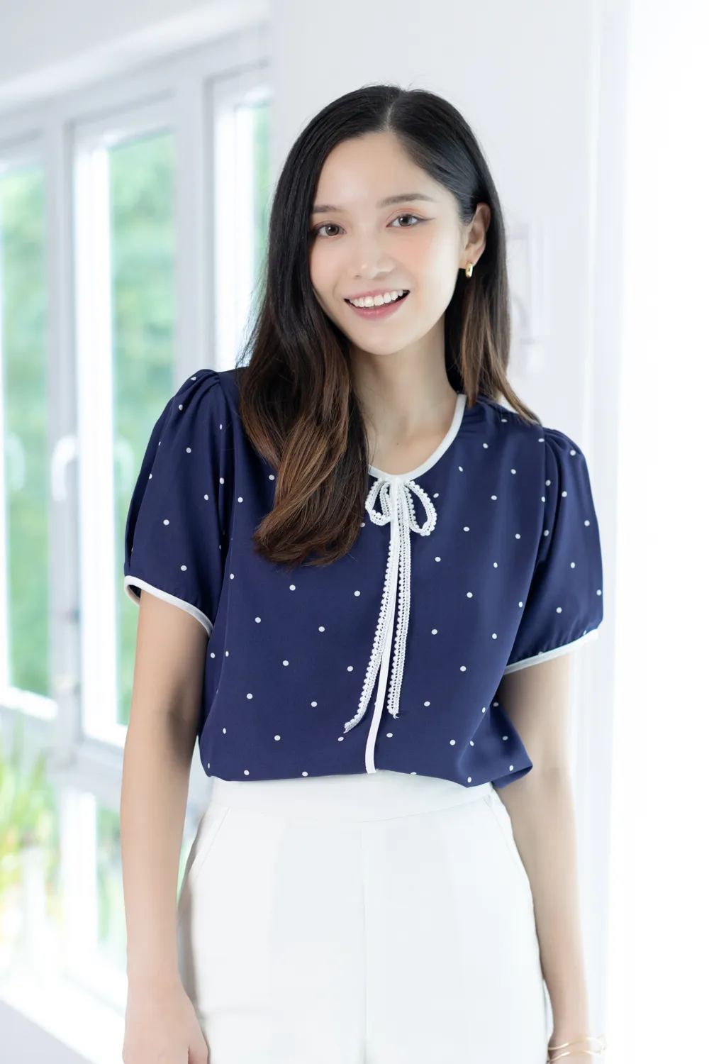 MT1556 Polka Dot Bow Blouse – Navy Blue