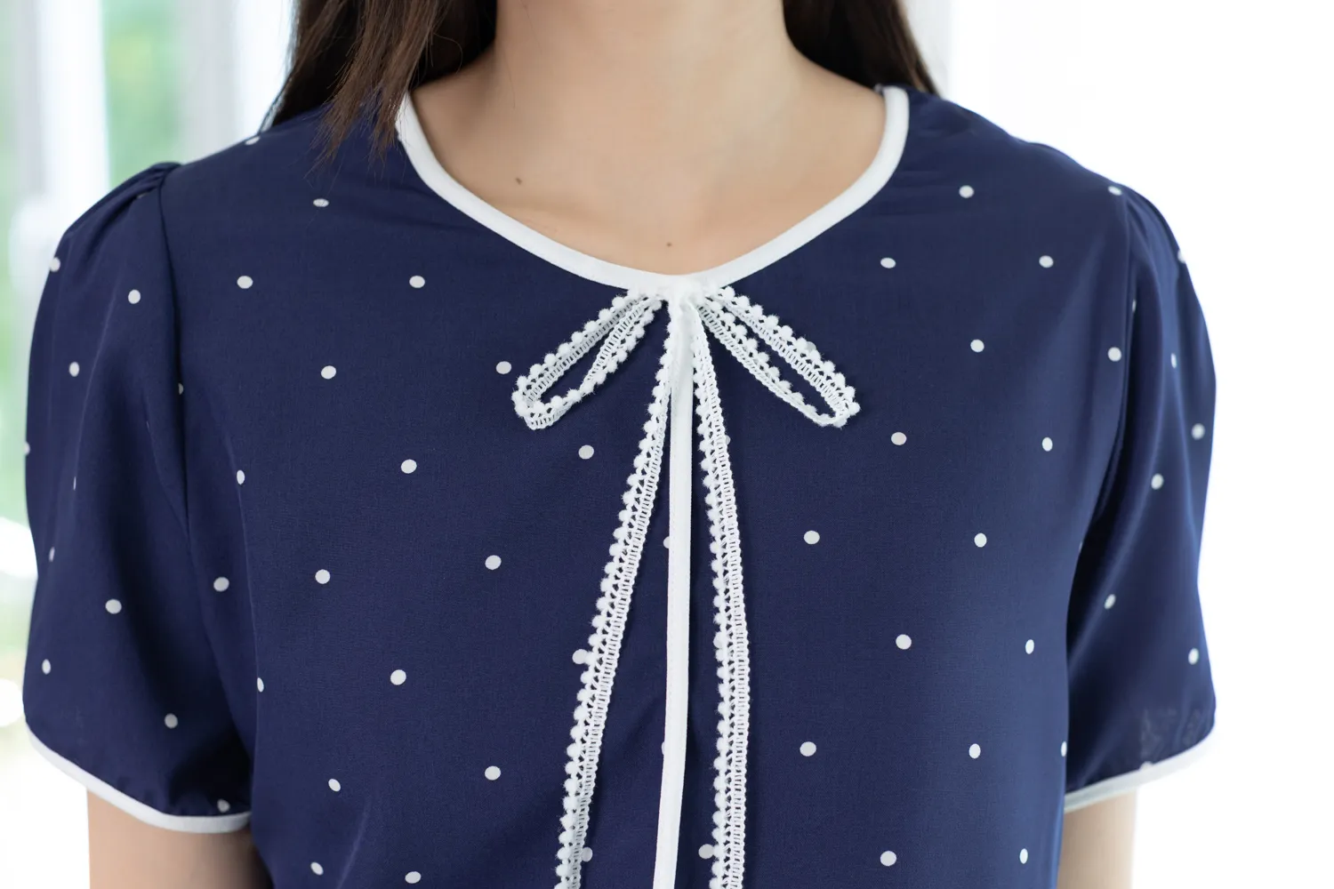 Alternative view of MT1556 Polka Dot Bow Blouse – Navy Blue