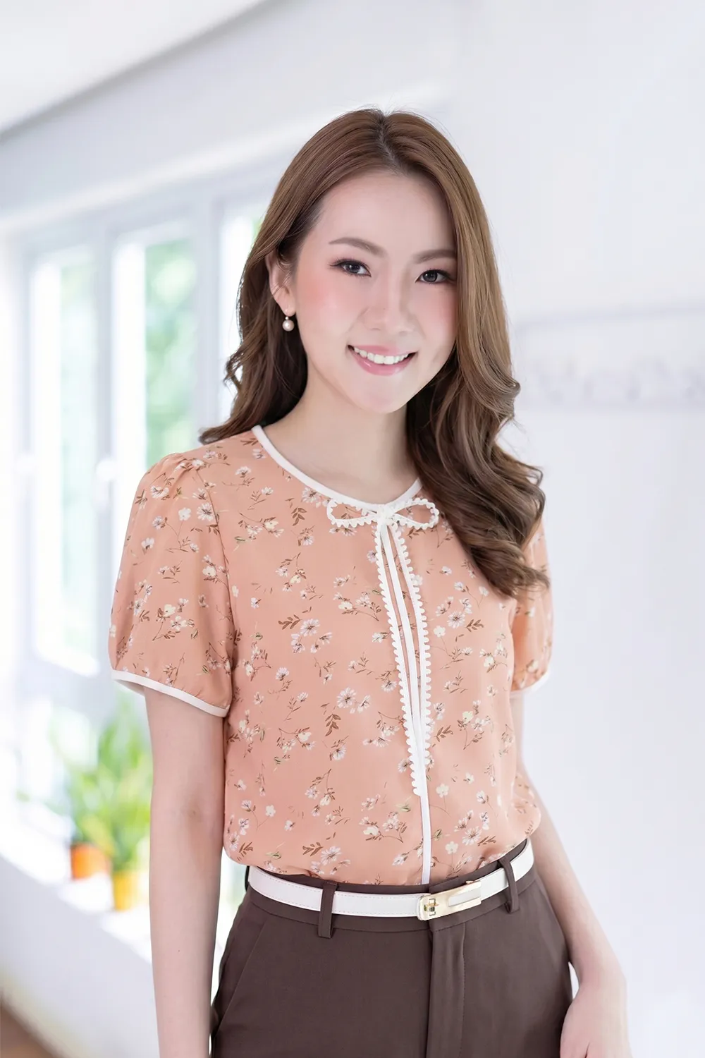 MT1556 Floral Bow Blouse – Peach Orange