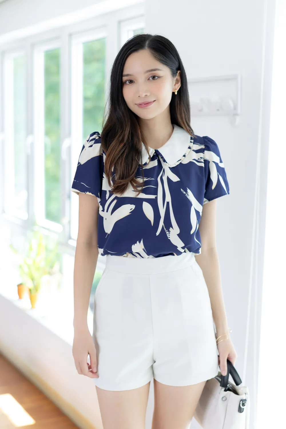 MT7101 Frill Peter Pan Collar Graphic Blouse – Blue - Image 4