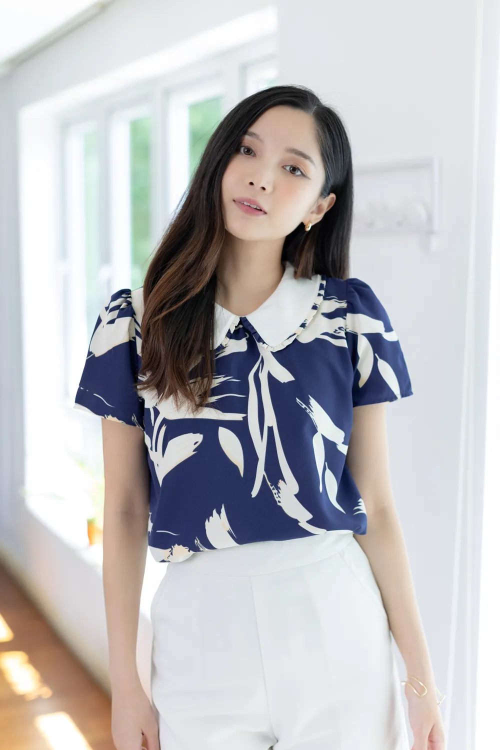 MT7101 Frill Peter Pan Collar Graphic Blouse – Blue - Image 5