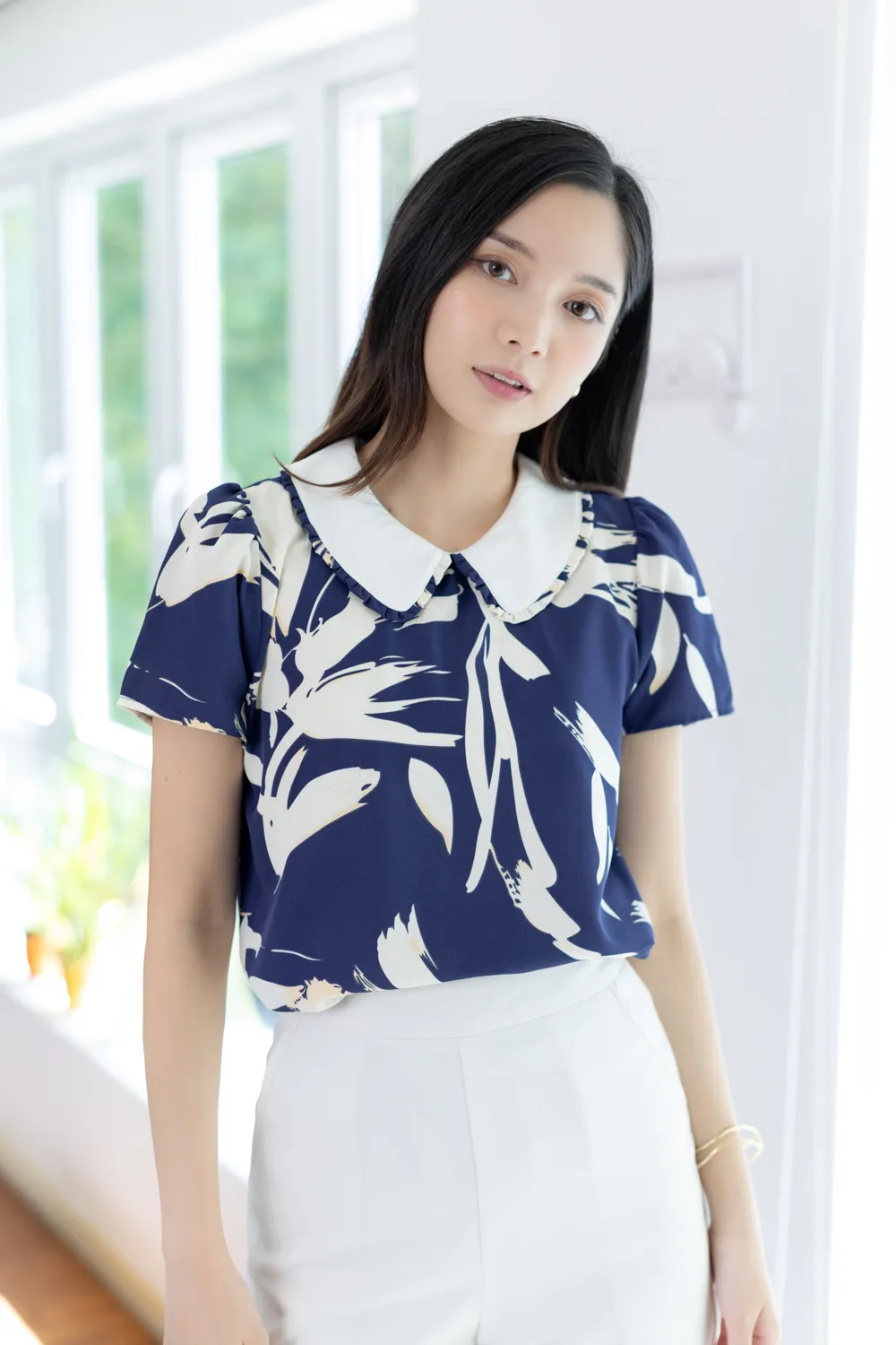 MT7101 Frill Peter Pan Collar Graphic Blouse – Blue - Image 6