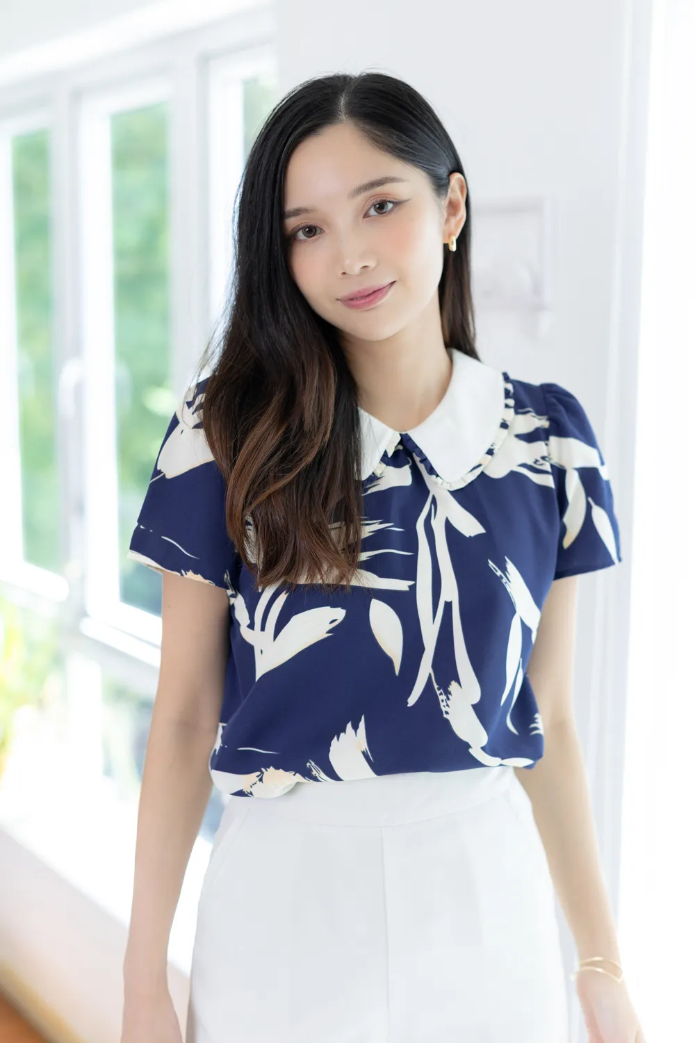 MT7101 Frill Peter Pan Collar Graphic Blouse – Blue - Image 7
