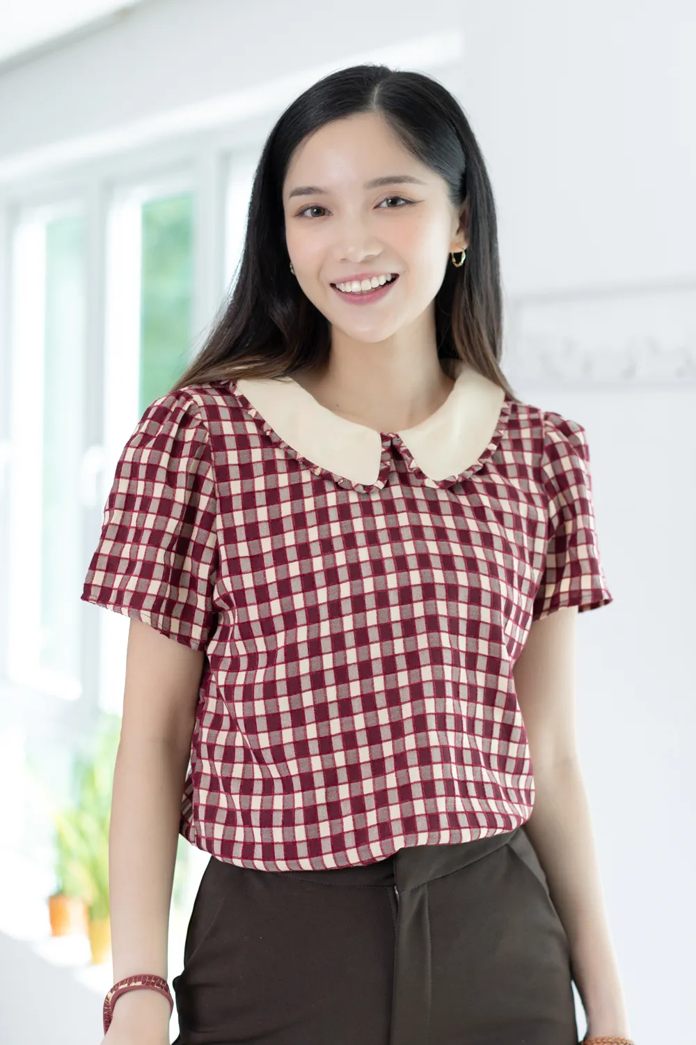 MT7101 Frill Peter Pan Collar Checkered Blouse – Red