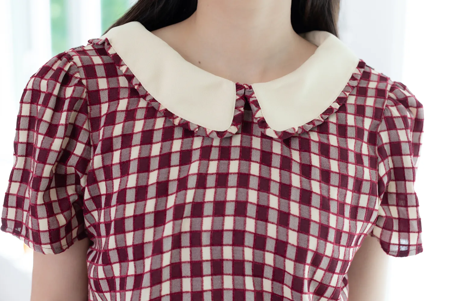 MT7101 Frill Peter Pan Collar Checkered Blouse – Red - Image 3