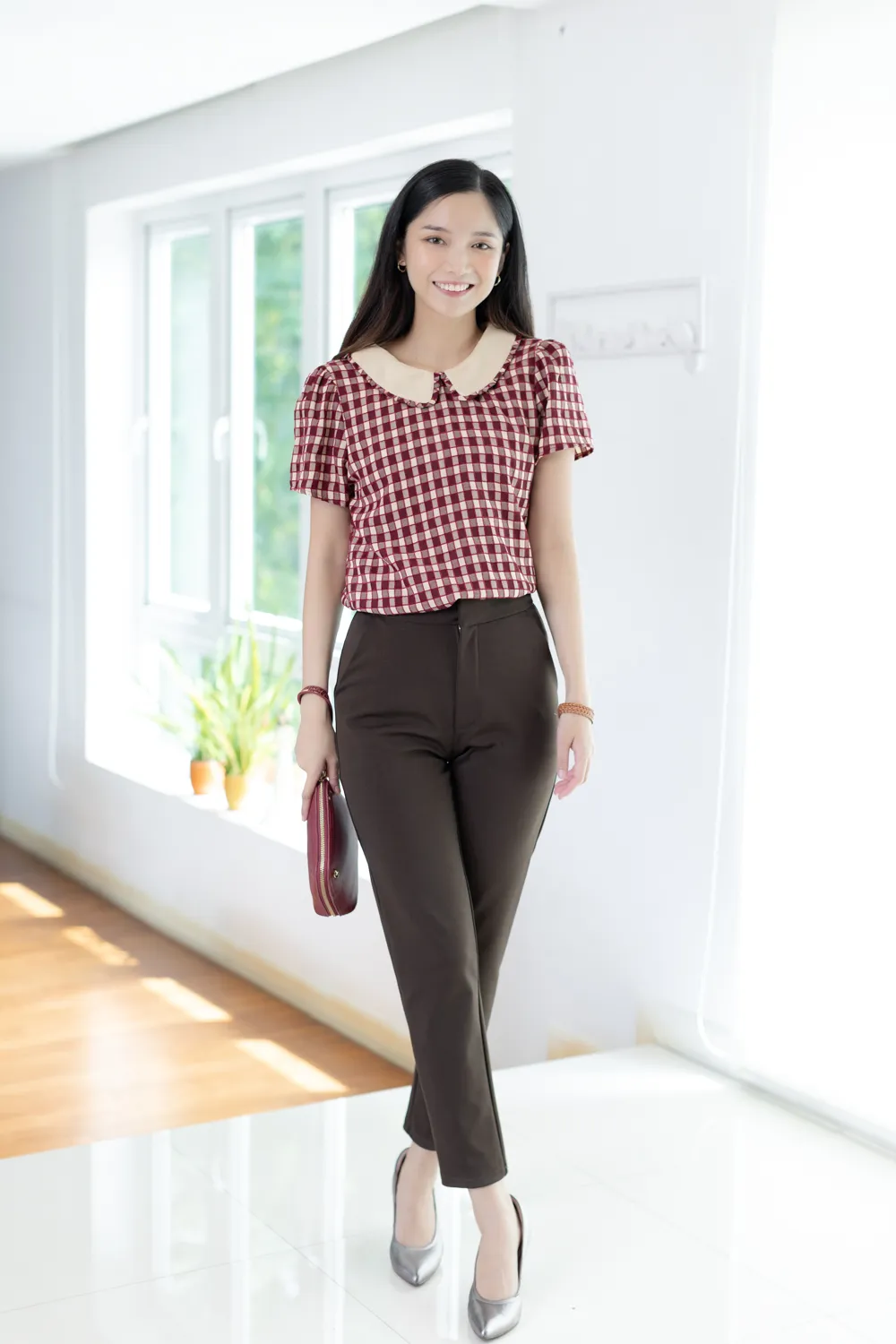 MT7101 Frill Peter Pan Collar Checkered Blouse – Red - Image 4