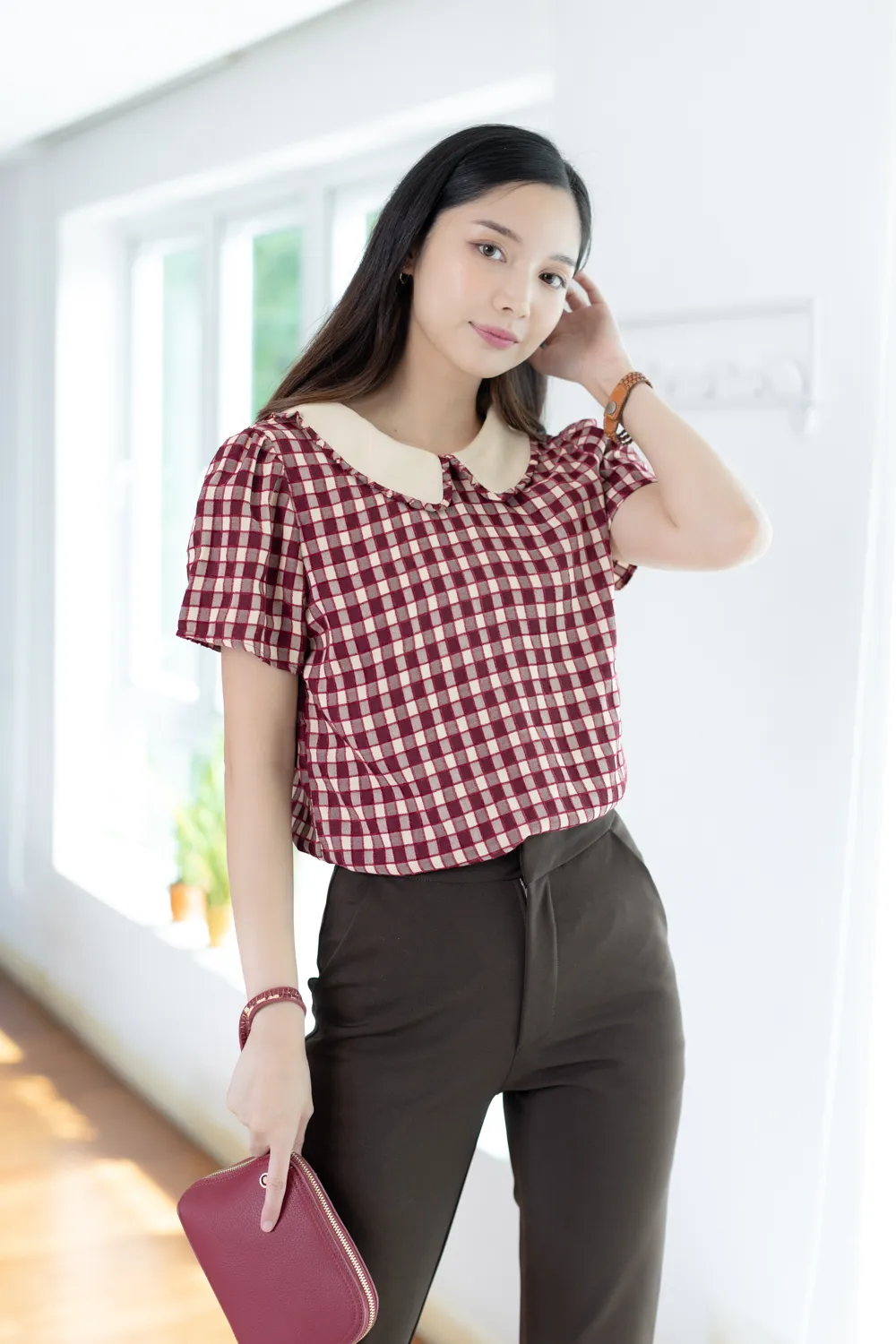 MT7101 Frill Peter Pan Collar Checkered Blouse – Red - Image 5