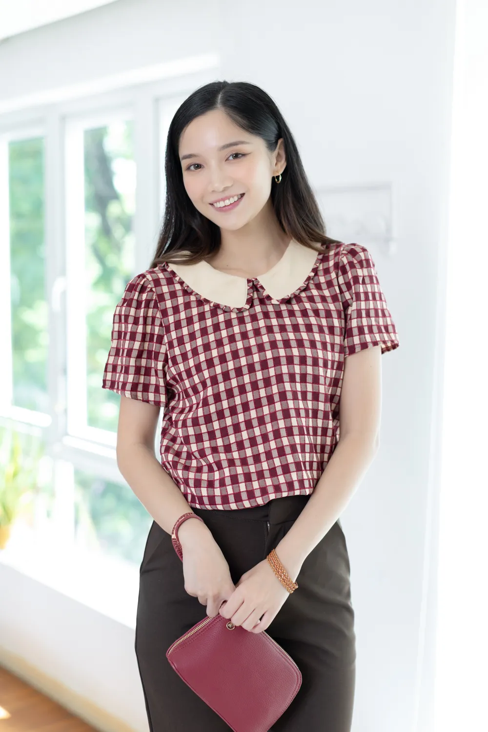 MT7101 Frill Peter Pan Collar Checkered Blouse – Red - Image 6