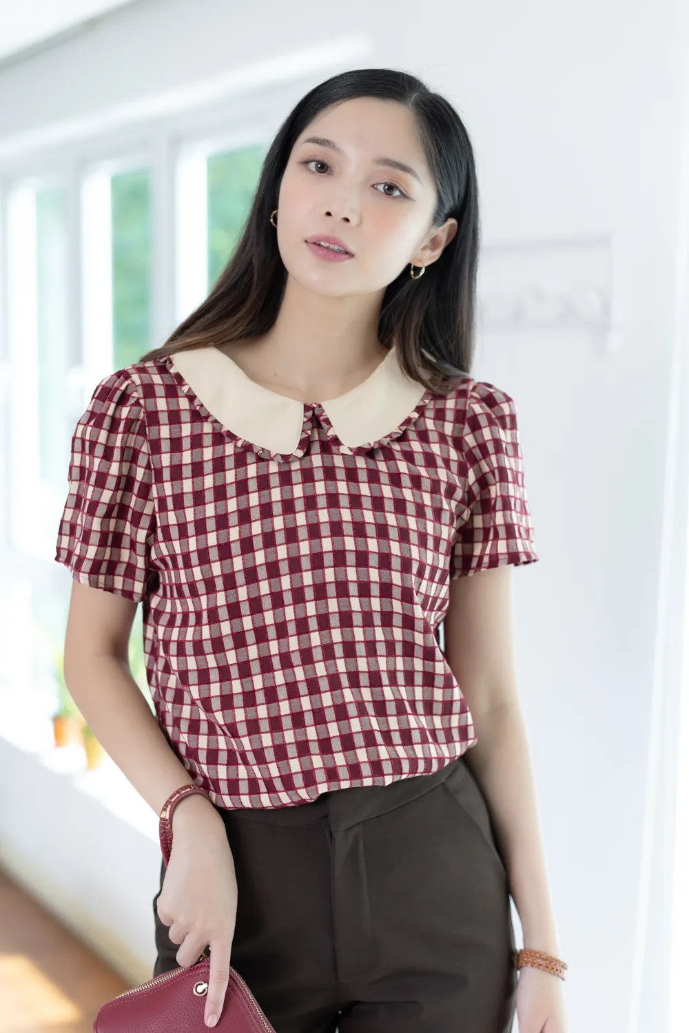 MT7101 Frill Peter Pan Collar Checkered Blouse – Red - Image 7