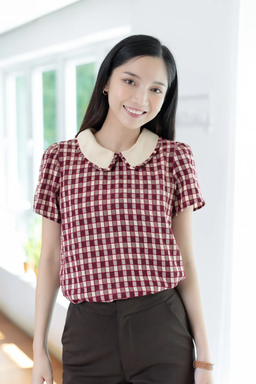MT7101 Frill Peter Pan Collar Checkered Blouse – Red - Image 8