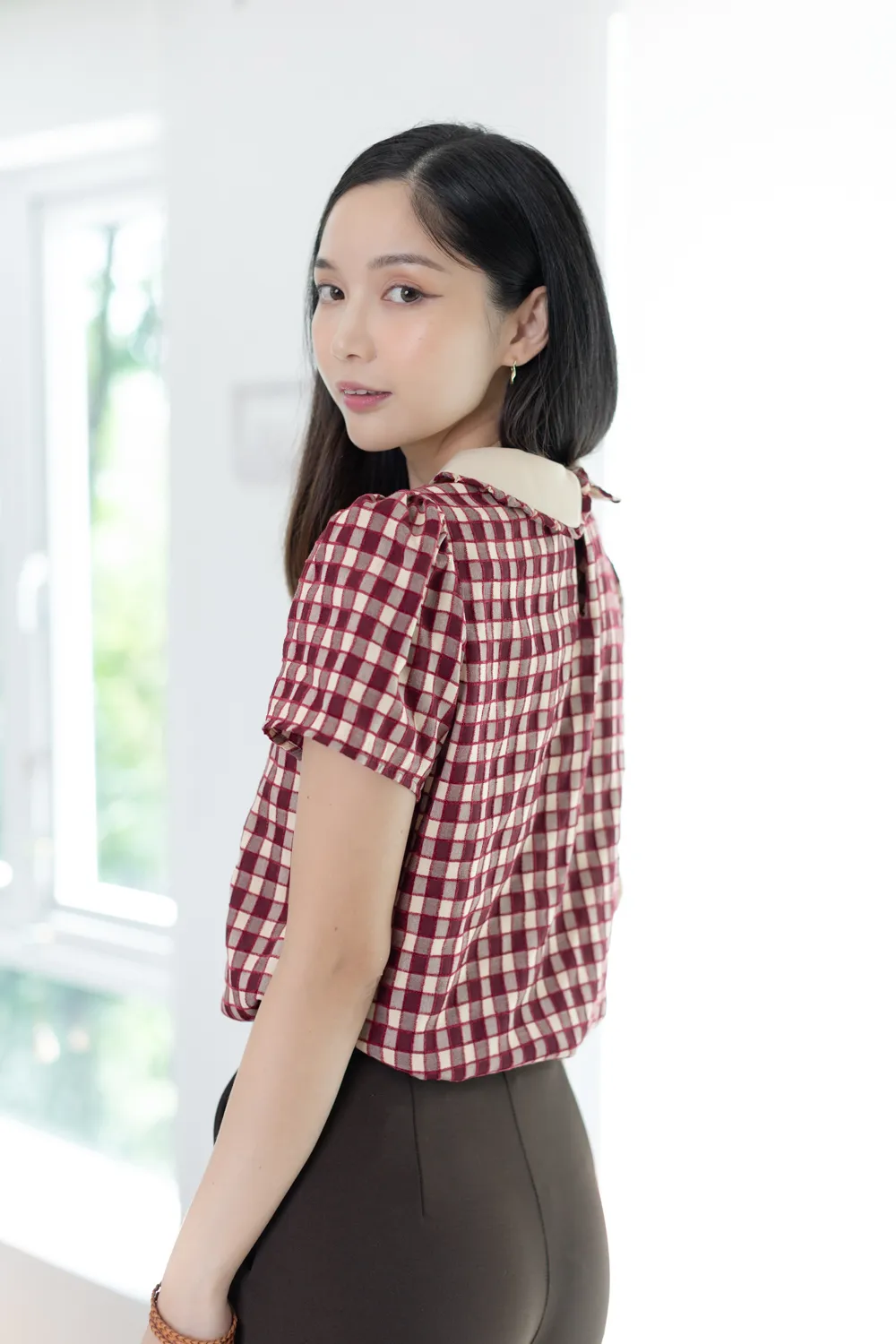 MT7101 Frill Peter Pan Collar Checkered Blouse – Red - Image 9