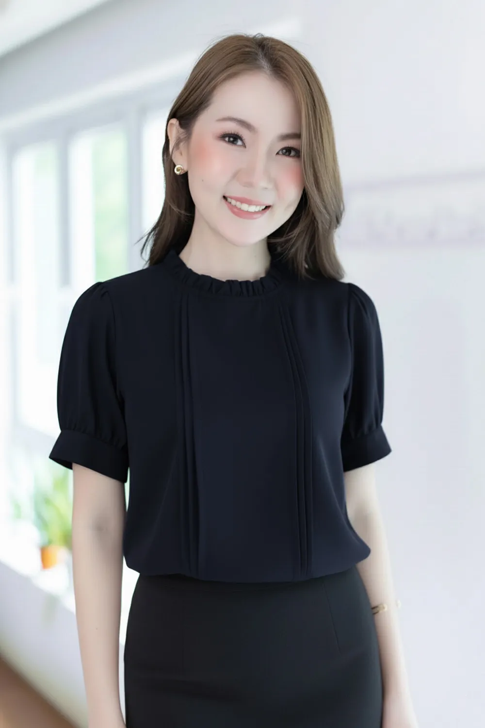 MT0404 Ruff Collar Balloon Sleeve Blouse – Dark Navy - Size 42