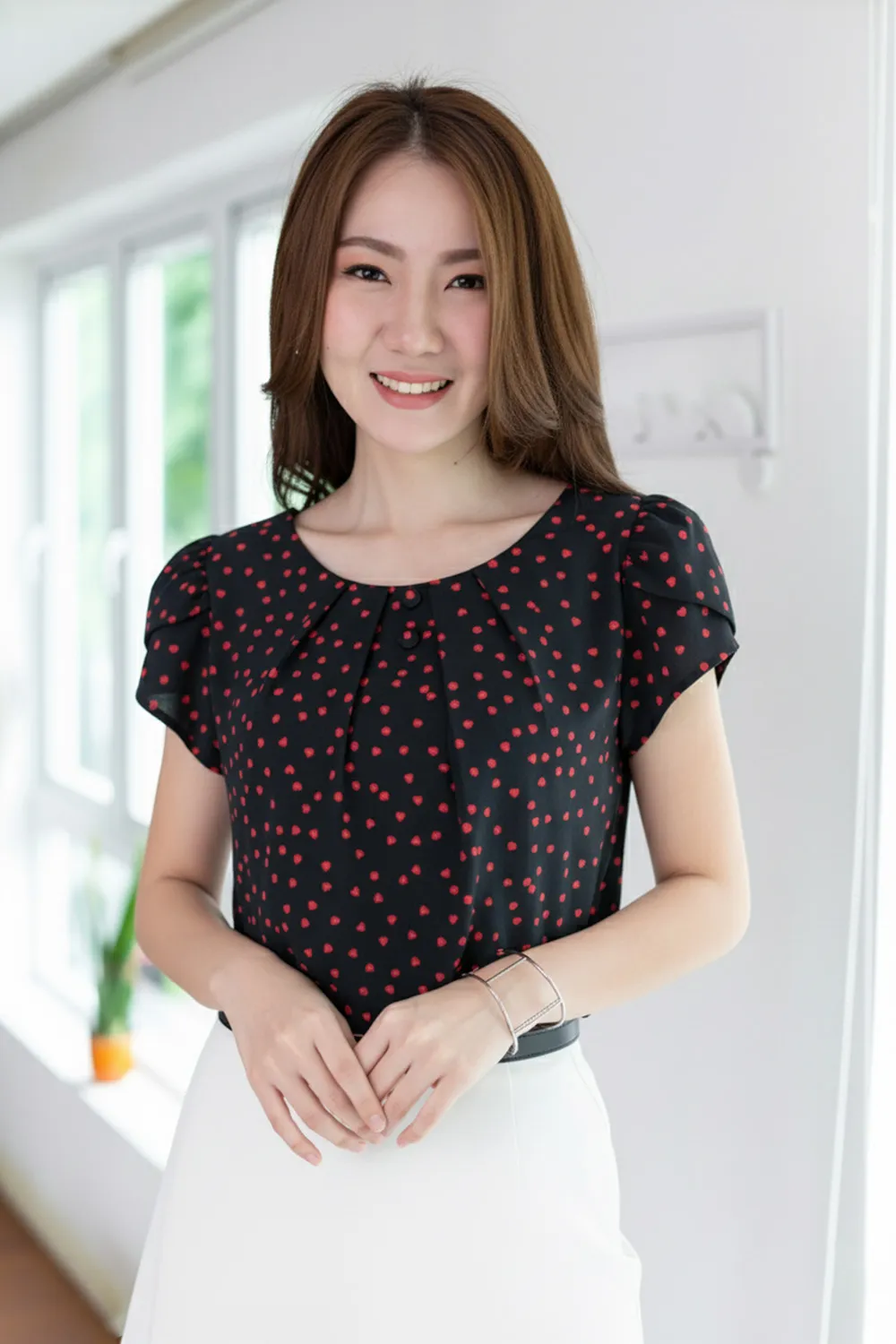 MT0503 Folded Neckline Red Heart Blouse – Black - Image 6