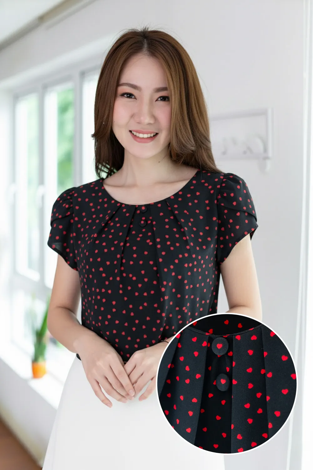 MT0503 Folded Neckline Red Heart Blouse – Black
