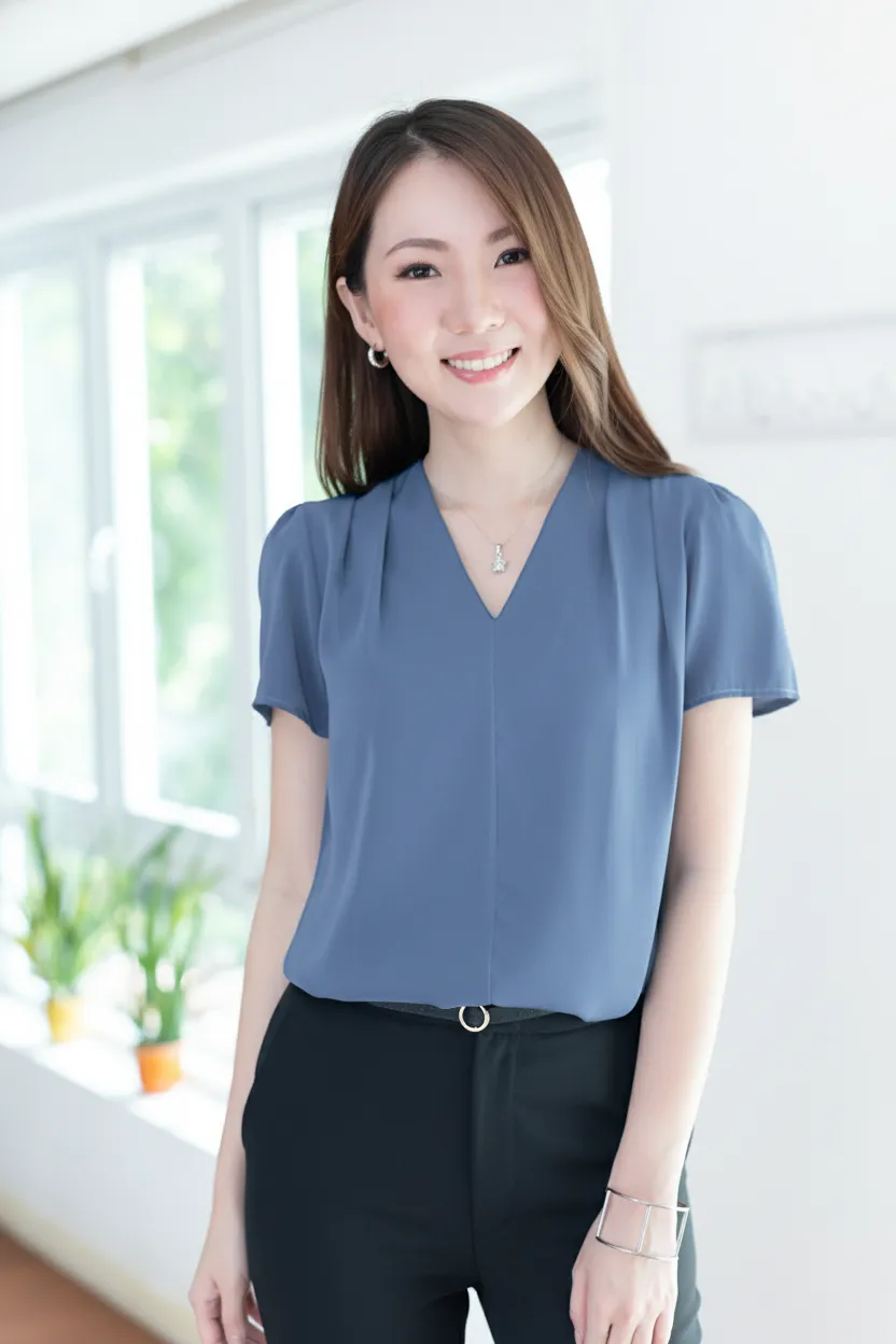 MT0601 V-Collar Sophie Blouse – Indigo Blue - Image 3