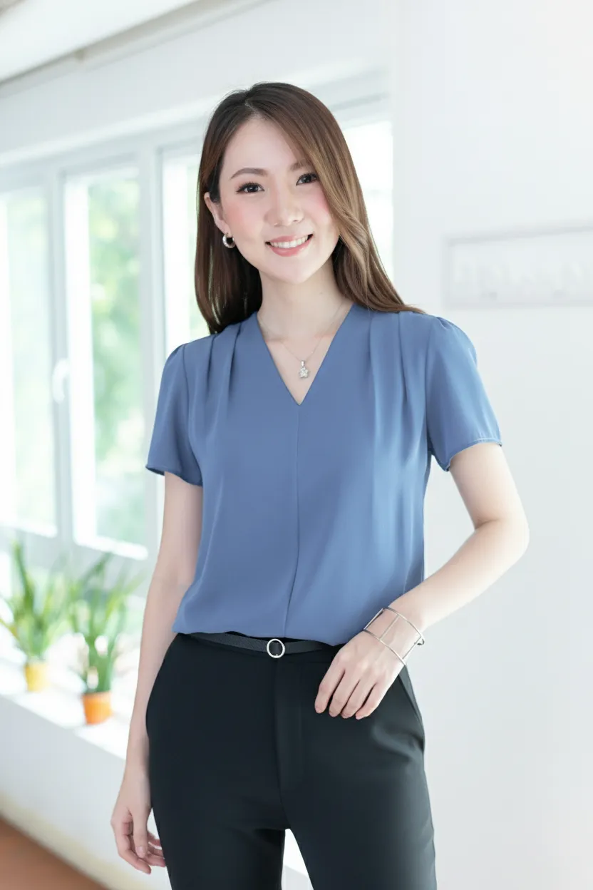 MT0601 V-Collar Sophie Blouse – Indigo Blue - Image 4